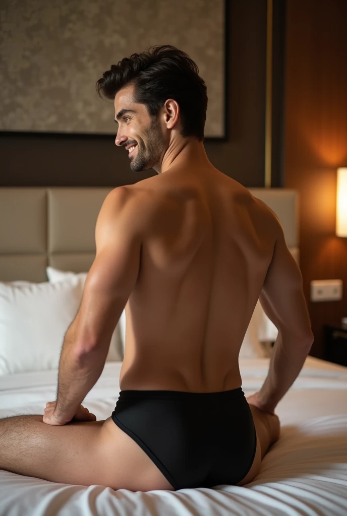 Attractive smiling man, Dark brown hair, Stylish and elegant, Thin, form-fitting briefs, Back view、Butt、Long legs (Realistic and high quality images), Luxury hotel bed, ((Highest quality, 8k, masterpiece).