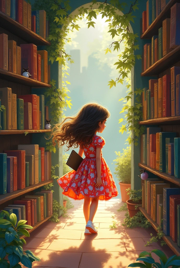 Girl entering a bookstore in a colorful dress and a sketchbook in her hand, looking at the books
