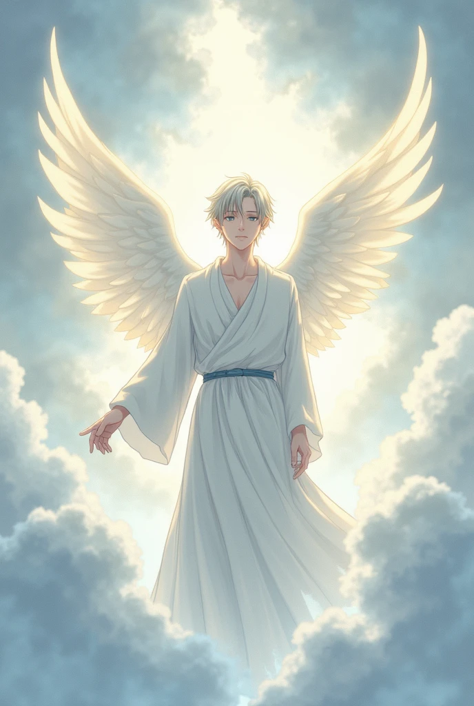 An anime style male angel in a white robe with no arm