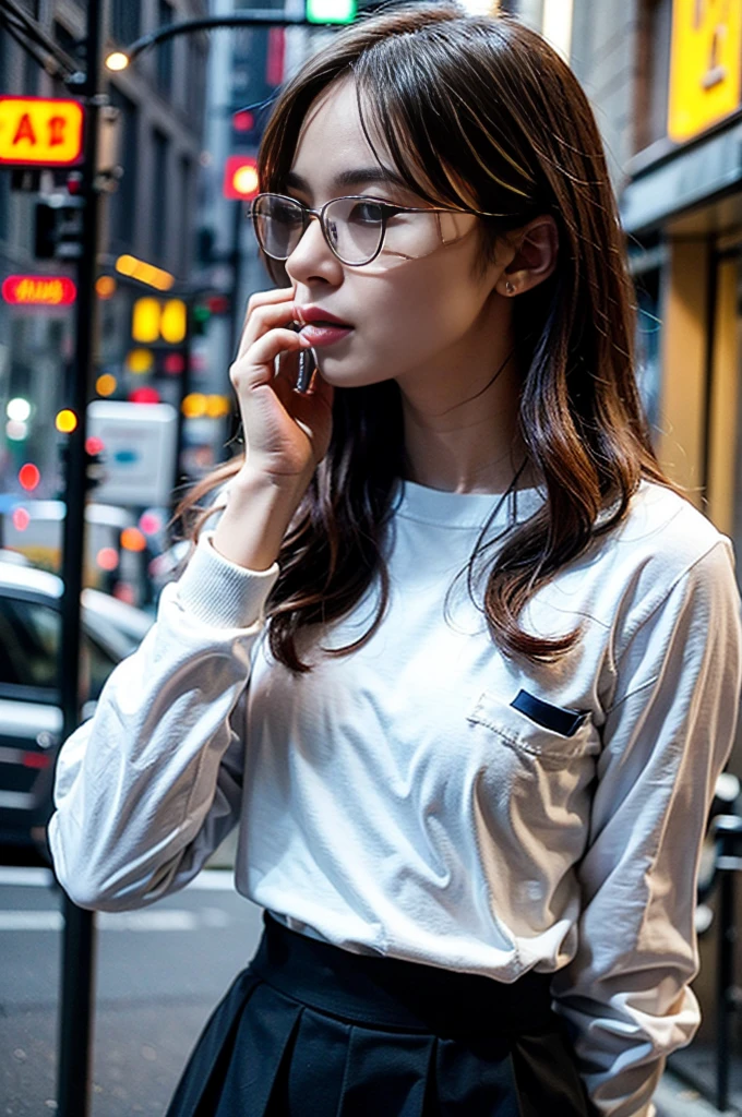 Photo of a beautiful woman standing on a street corner, (masterpiece:1.2, highest quality), (Realistic, photoRealistic:1.4), Beautiful illustrations, (Natural Side Lighting, Cinema Lighting), Written boundary depth, Beautiful thighs staring at the viewer, (((Face Focus, Upper Body))), 1 female, 30-year-old, alone, thin, slender, small breasts!!!, Loose curly hair, Bedhead, Forehead, thin, slender, (((glasses))), long sleeve T-shirt, Skinny skirt, Are standing, New York 25th Street, portrait