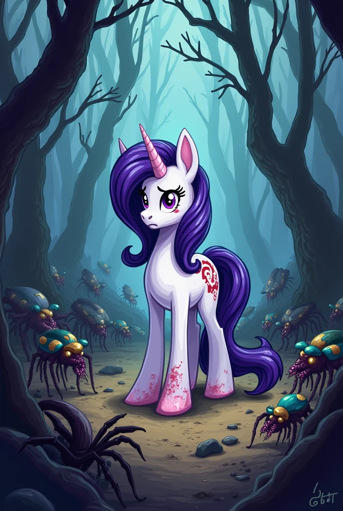 make a cartoon of my little pony rarity injured in a forest and around an apocalypse of carnivorous bugs 