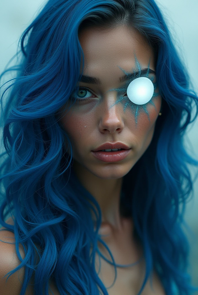Woman with one opaque white eye due to blindness and a patch on the other eye. Lapis blue wavy hair and cinnamon brown skin. Uses telekinesis abilities.