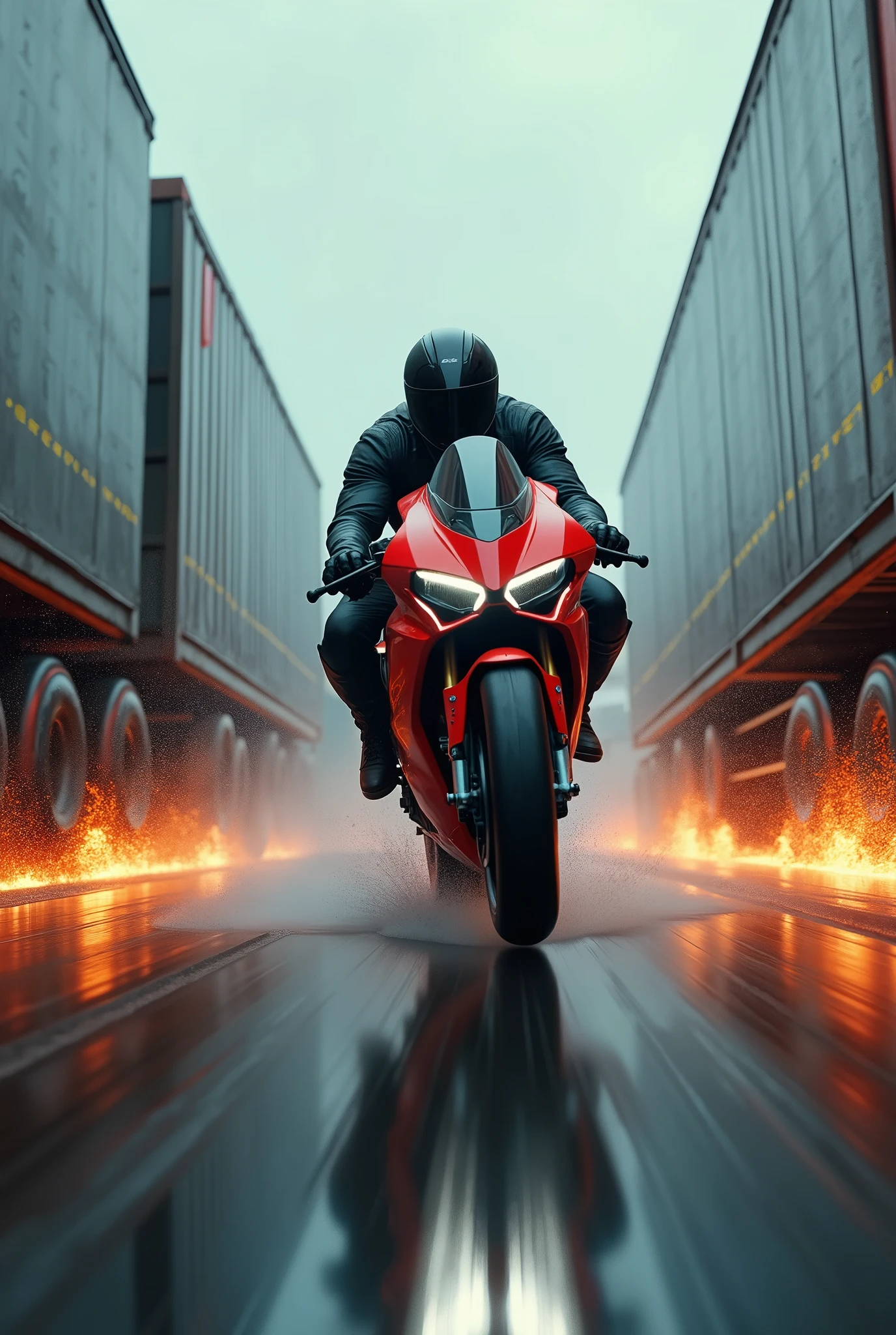 A highly detailed, futuristic, 3D text "SPEED JUNKIE" centered at the top of the page, a rider on a ducati panigale v4 popping a wheelie riding between two 18 wheeler trucks, extremely dangerous situation, high speed chase, adrenaline, motion blur, low angle, dramatic lighting, cinematic composition, gritty urban environment, moody atmosphere, vibrant colors, hyper-realistic, award winning photography, masterpiece, (best quality,4k,8k,highres,masterpiece:1.2),ultra-detailed,(realistic,photorealistic,photo-realistic:1.37)