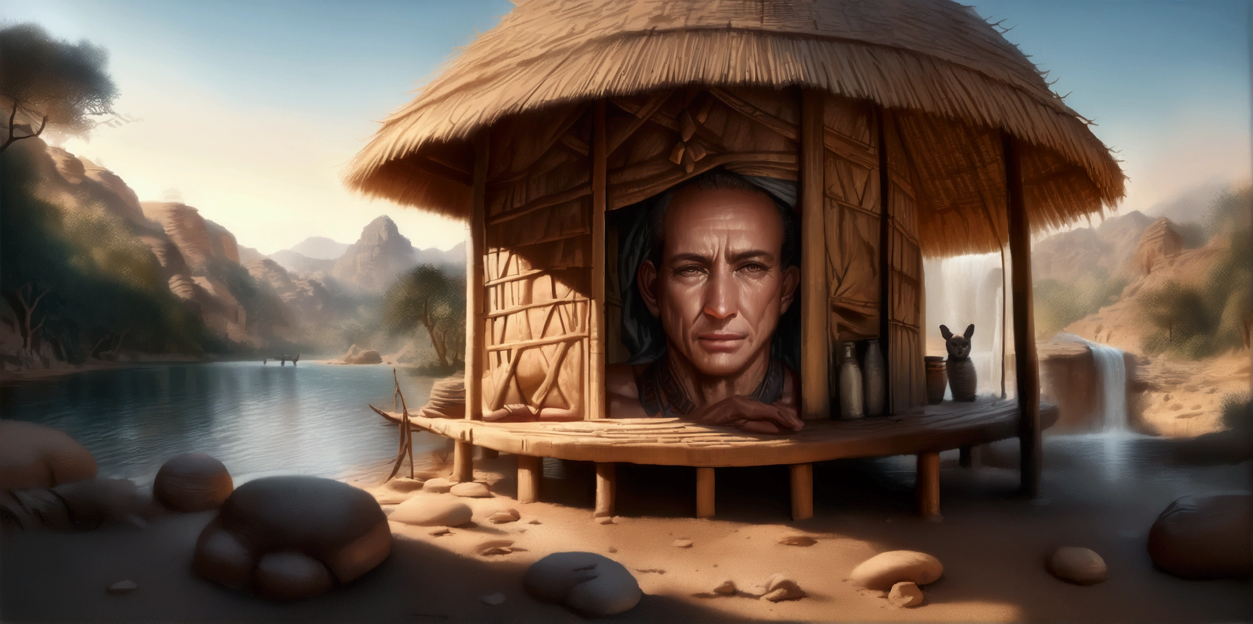 Disney style African wilderness scene, beautiful sunrise over a calm lake, very small African hut on one side of the scene, dramatic cinematic lighting, majestic rock formations, no animals or evil, breathtaking view, high detail, complete study of African languages ​​(best quality, 4k, 8k, high resolution, masterpiece: 1.2), high detail, (realistic, realistic, photorealistic: 1.37), dramatic lighting, cinematic composition Pixar style close to animation, land area larger than the lake Trees and rocks Attention to precise theatrical perspective according to the studies of theatrical perspective Academy of Arts Dr. Louise Malika, high quality on the scale of theatrical design Clear details Greek character dominates the scene, animation style African tribe