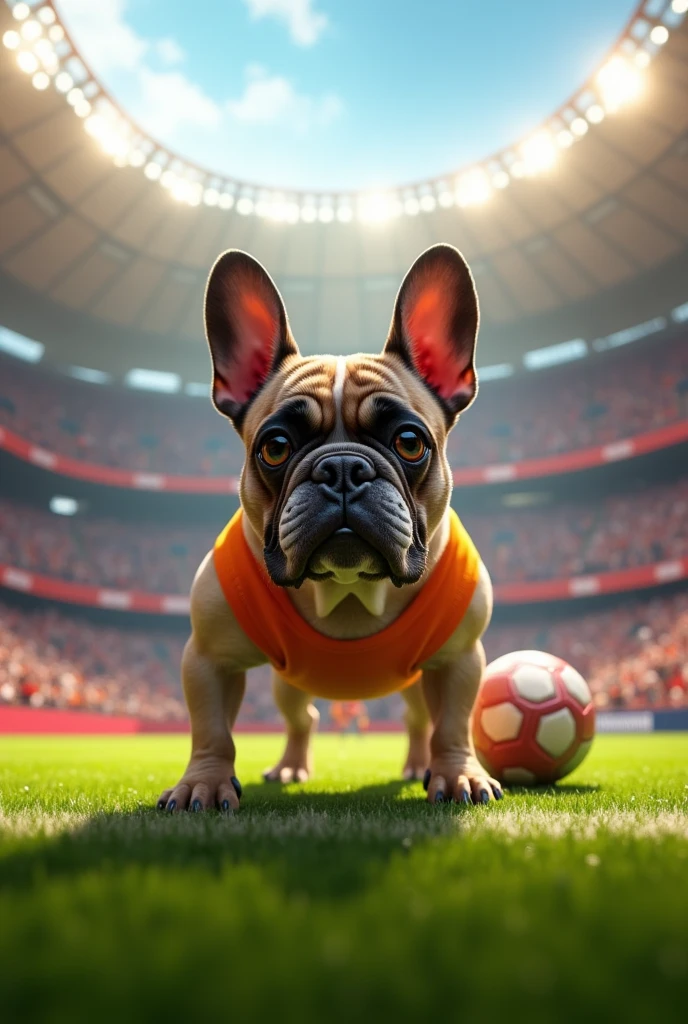 French Bulldog Barcino in football stadium
