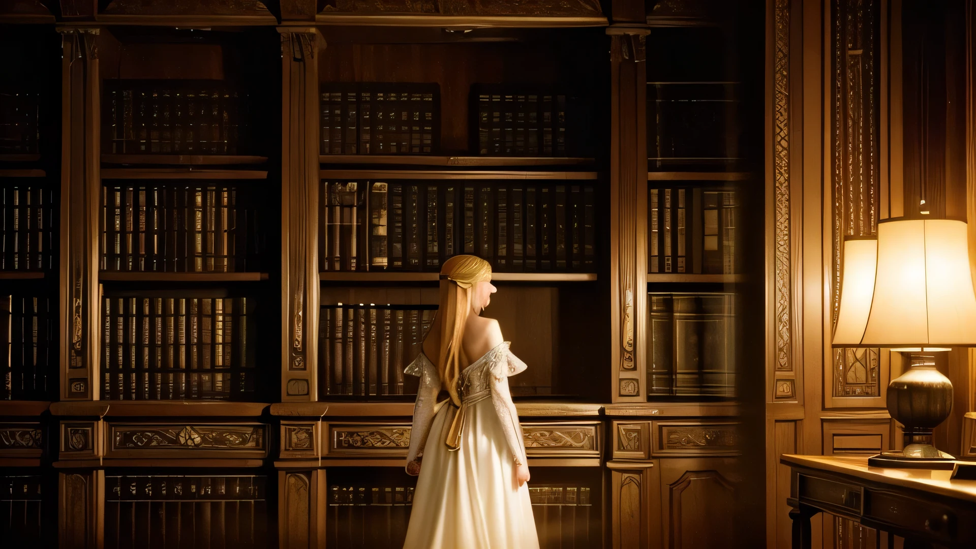 "A photorealistic image of Princess Zelda from behind, standing in a dimly lit library at night. She is reaching out toward a high shelf on a grand wooden bookshelf, her delicate hand extended as she searches for a specific tome. Her long, flowing golden hair cascades down her back, and her white and gold-embroidered gown softly glows in the faint light. The room is bathed in a warm, golden hue from a nearby candle, casting soft shadows across the wooden shelves filled with ancient books. The atmosphere is quiet and serene, with a sense of purpose in her focused posture as she seeks knowledge in the stillness of the night."