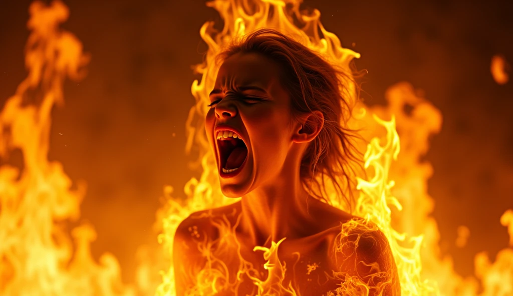 hyper-realistic mid-shot, Fire over and entirely engulfing and covering a screaming girl, flames wrap and curl over the girl as they flow over her and burn her, the girl is fully ablaze, the girl is screaming in pain as she burns to death, trapped inside a steel furnace filled with fire, flames block the girl almost entirely, her whole body is on fire