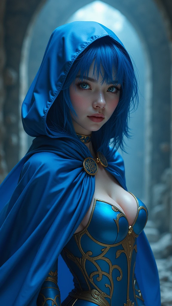 Sailor Mercury with blue hair and a blue cape on her head, artgerm jsc, portrait knights of zodiac girl, extremely detailed artgerm, ross tran 8 k, in the style of ross tran, artgerm julie bell beeple, by Ross Tran, ross tran style, alena aenami and artgerm, inspired by Ross Tran, high quality, (RAW photo, best quality), (realistic, photorealistic: 1.4), (extremely delicate and beautiful: 1.4), amazing, fine details, masterpiece, ultra detailed, high resolution, best illustration, best shadow, intricate, ( extremely intricate: 1.2), (exquisitely detailed skin), cinematic light, perfect anatomy, (cool color: 1.4), sharp focus, 8k UHD, DSLR, (Fujifilm XT3),(dark ebony skin:1.4),( iluminación cinematográfica :1.4), ,(Fondo de ruinas de mazmorra en ruinas:1.4 ),( pose americano :1.4)