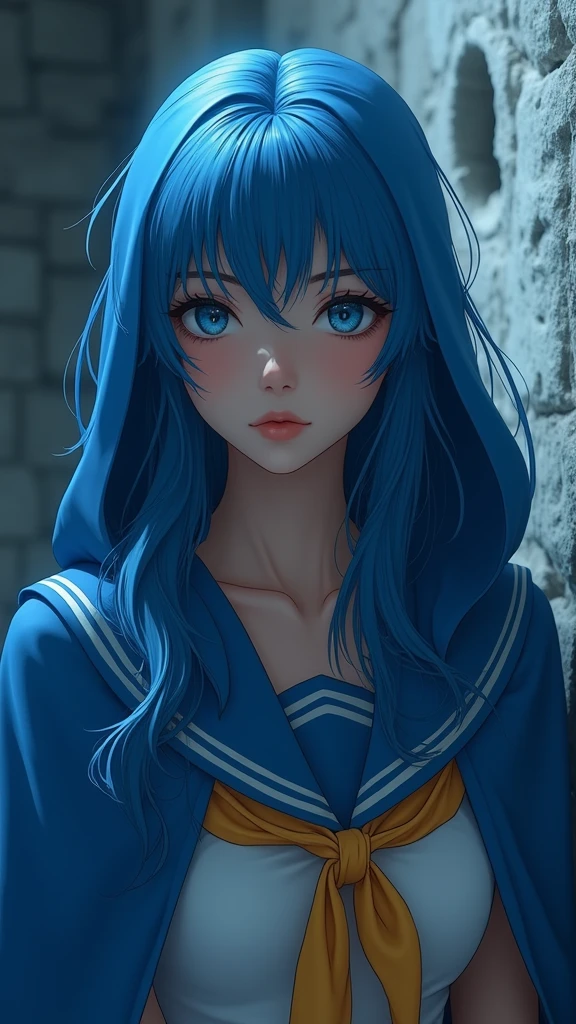 Sailor Mercury  with blue hair and a blue cape on her head, artgerm jsc, portrait knights of zodiac girl, extremely detailed artgerm, ross tran 8 k, in the style of ross tran, artgerm julie bell beeple, by Ross Tran, ross tran style, alena aenami and artgerm, inspired by Ross Tran, high quality, (RAW photo, best quality), (realistic, photorealistic: 1.4), (extremely delicate and beautiful: 1.4), amazing, fine details, masterpiece, ultra detailed, high resolution, best illustration, best shadow, intricate, ( extremely intricate: 1.2), (exquisitely detailed skin), cinematic light, perfect anatomy, (cool color: 1.4), sharp focus, 8k UHD, DSLR, (Fujifilm XT3),(dark ebony skin:1.4),( iluminación cinematográfica :1.4), ,(Fondo de ruinas de mazmorra en ruinas:1.4 ),( pose americano :1.4) 
