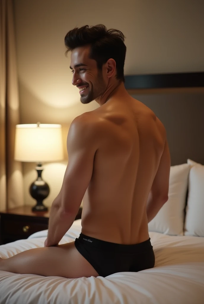 Attractive smiling man, Dark brown hair, Stylish and elegant, Thin, form-fitting briefs, Back view、Butt、Long legs (Realistic and high quality images), Luxury hotel bed, ((Highest quality, 8k, masterpiece).