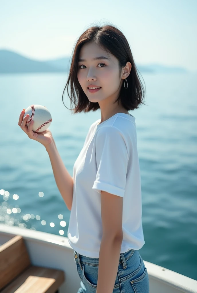 Highly realistic 8k photos, sea background, standing on a boat, One arm is raised to the side and a baseball is placed on the palm., Korean woman, Wearing a white t-shirt and jeans, standing sideways, Looking at the camera, short hair, A little smile,