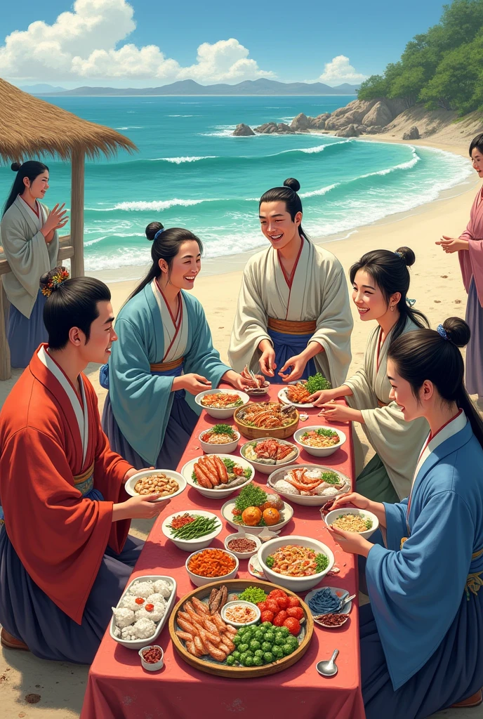 Edo Period　Japanese farmers offering food and drinks to Korean merchants　A party at the beach　A lot of fish dishes　joyful