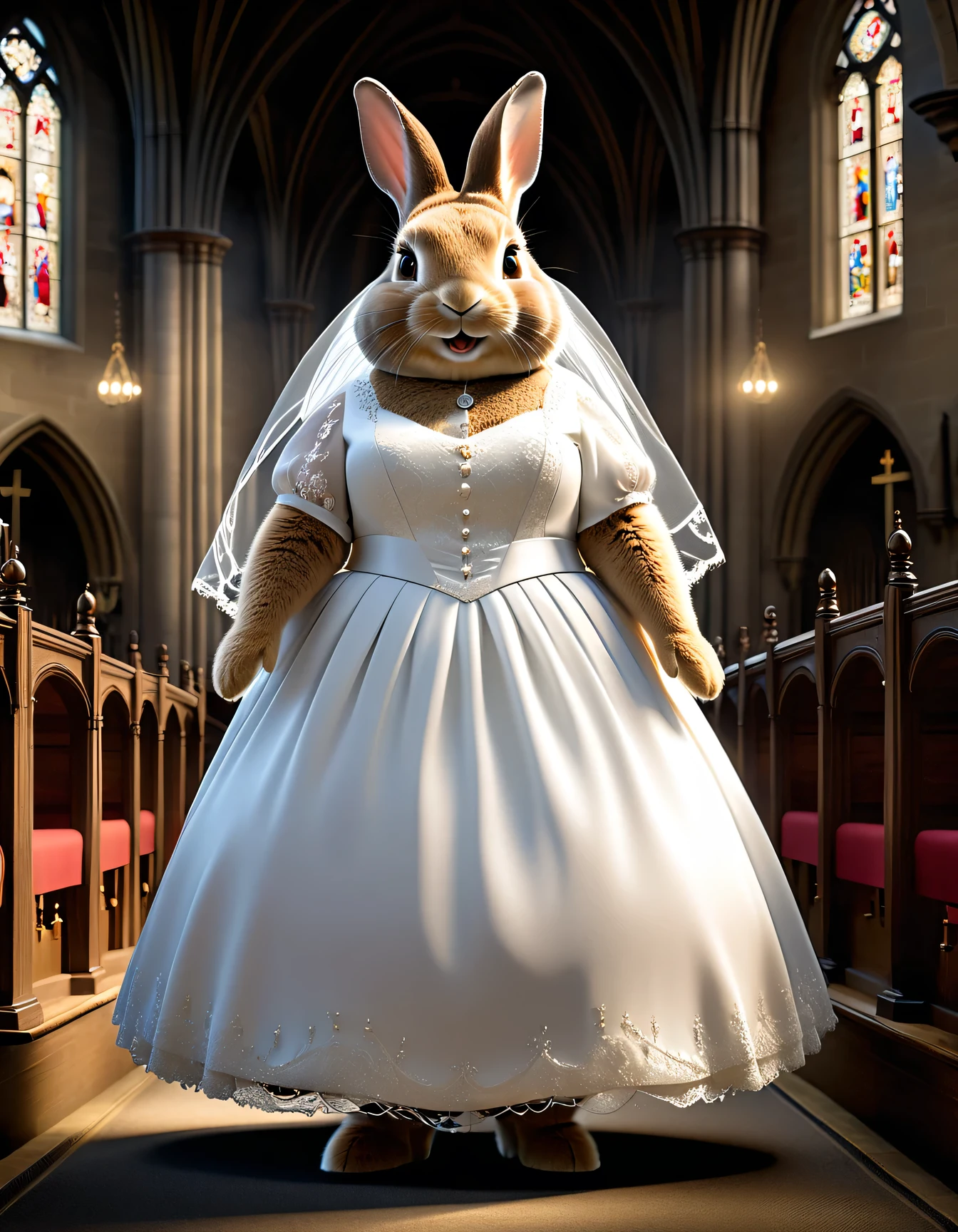 photorealistic portrait of Dressed animals - a ((fat)) Peter rabbit bride,(elegant pose),(happy smile),(furry), (hands on hips:1.5),high quality,(lovely) ,intricate details, highly detailed (gothic white wedding dress)),(wearing short skirt :1.5), opera globes ,wearing highly detailed veil, highly detailed decorations , (happy), perfect lighting,(full body image:2.0),in church background,