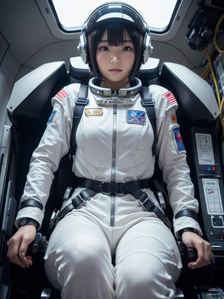 masterpiece, Highest quality, Very detailed, Japanese Android girl, Beautiful 2 Japanese woman, Plump,Control panel,Android,cyborg,Blunt bangs,Sitting in the cockpit of a spaceship and piloting it,The control stick is in the center of the seat.,astronaut,Silver space suit,Secured to the seat with a thick harness,Full-face helmet,