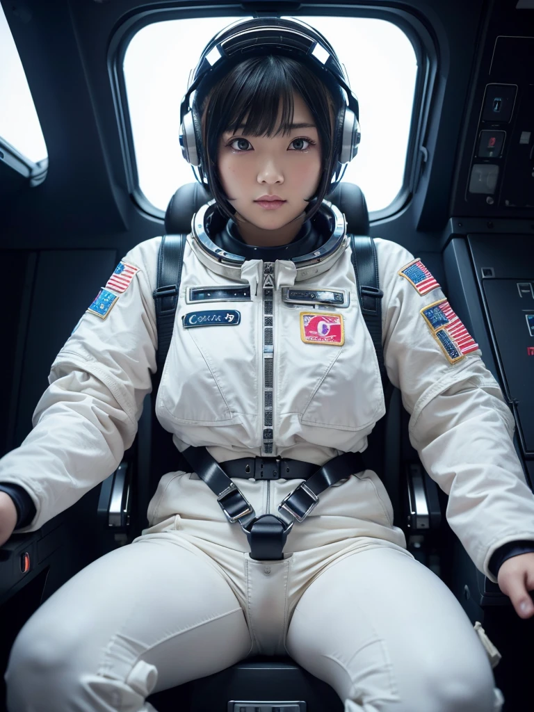 masterpiece, Highest quality, Very detailed, Japanese Android girl, Beautiful 2 Japanese woman, Plump,Control panel,Android,cyborg,Blunt bangs,Sitting in the cockpit of a spaceship and piloting it,The control stick is in the center of the seat.,astronaut,Silver space suit,Secured to the seat with a thick harness,Full-face helmet,