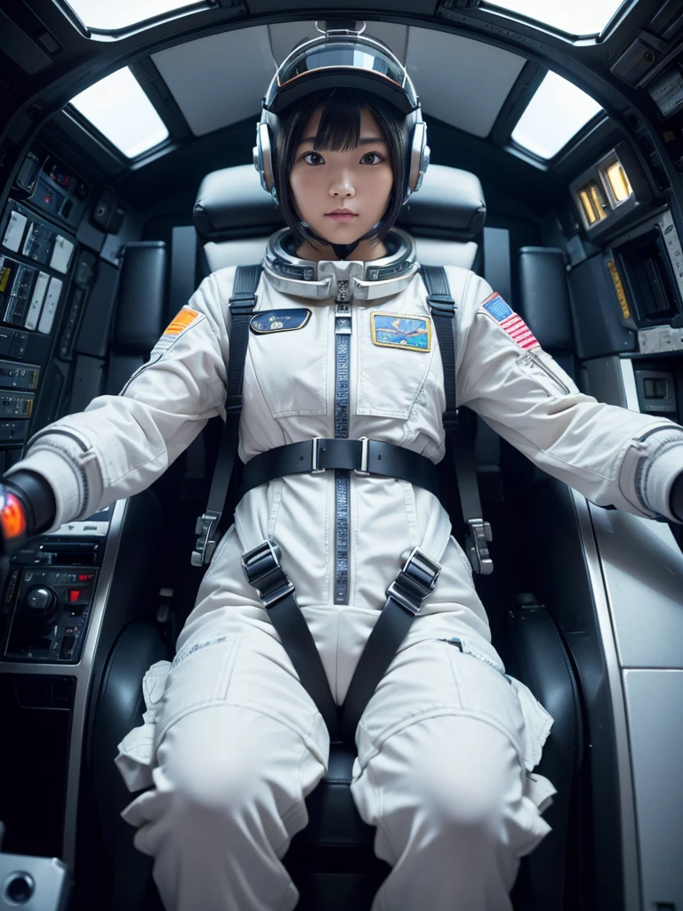 masterpiece, Highest quality, Very detailed, Japanese Android girl, Beautiful 2 Japanese woman, Plump,Control panel,Android,cyborg,Blunt bangs,Sitting in the cockpit of a spaceship and piloting it,The control stick is in the center of the seat.,astronaut,Silver space suit,Secured to the seat with a thick harness,Full-face helmet,
