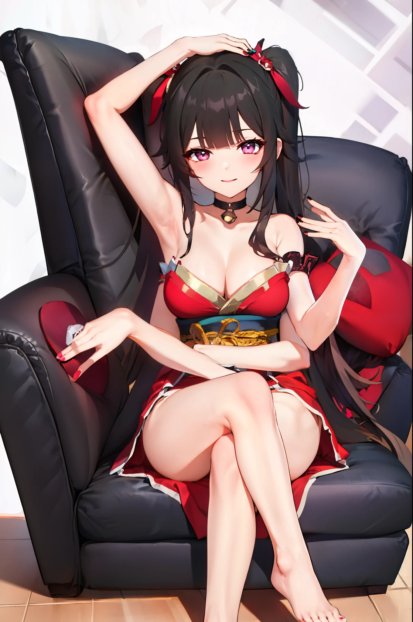 (2 heads:1.3), 1 woman, Sparks \(Honkai: Star Rail\), Twintail, hair accessories, alone, Off shoulder kimono, black nails, Mask on the head, Arms separated, choker, heart, Single gloves, Wristband, Hanging rope across, thigh strap, smileที่พอใจ, sitting on the sofa, cross your legs., cross your legs,  Look at the viewer., Barefoot, living room, Masterpiece, illustration, beautiful, 4K, 8ก,DSLR Photos, (8ก, 4K, Masterpiece),(Masterpiece, best quality), best resolution, (3 heads:1.5),Arms separated,arm circle, (Put your hands on your head....), (lower hand on ankle), (lower hand on leg), Full content in the frame, full body view, (four arms),(Multi-arm),(many hands), รูปร่างเพรียวบาง Masterpiece,best quality,best resolution,1 woman,many heads, upper body, smile,  Facing the audience,big breasts,simple background,หน้าbeautiful,ผมbeautiful,ดวงตาbeautiful,ร่างกายที่beautifulงาม,มือbeautiful,conjoined twins