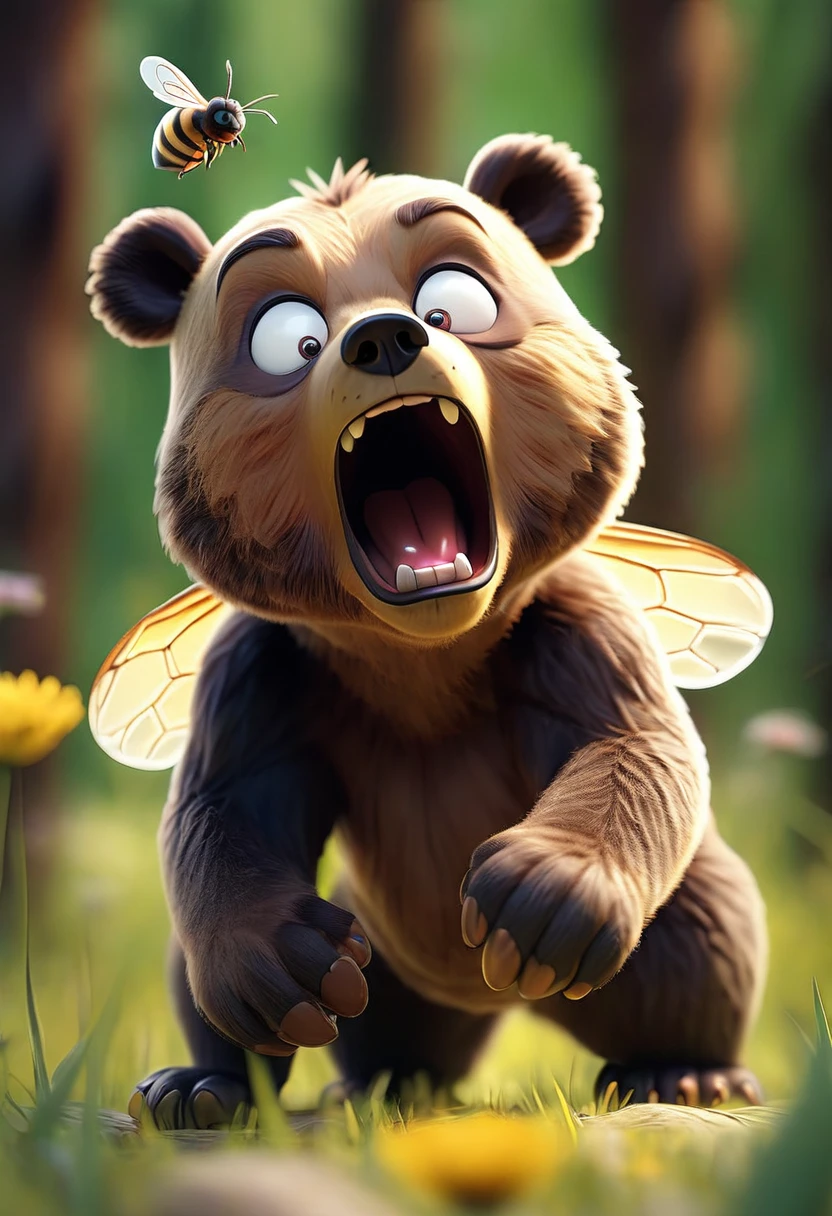 a stupid bear, chased by a bee, running away in panic, spring forest, sunlight filtering through trees, funny scene, 1 bear, 1 bee, detailed bear face, detailed bear eyes, detailed bear nose, detailed bear mouth, detailed bear fur, dynamic motion blur, vibrant colors, warm lighting, soft focus, cinematic composition, whimsical, cartoon-like, highly detailed, 4k, photorealistic