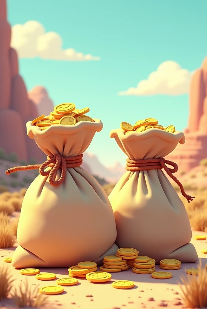 Money bags like in the old west in animated pastel colors with white outline