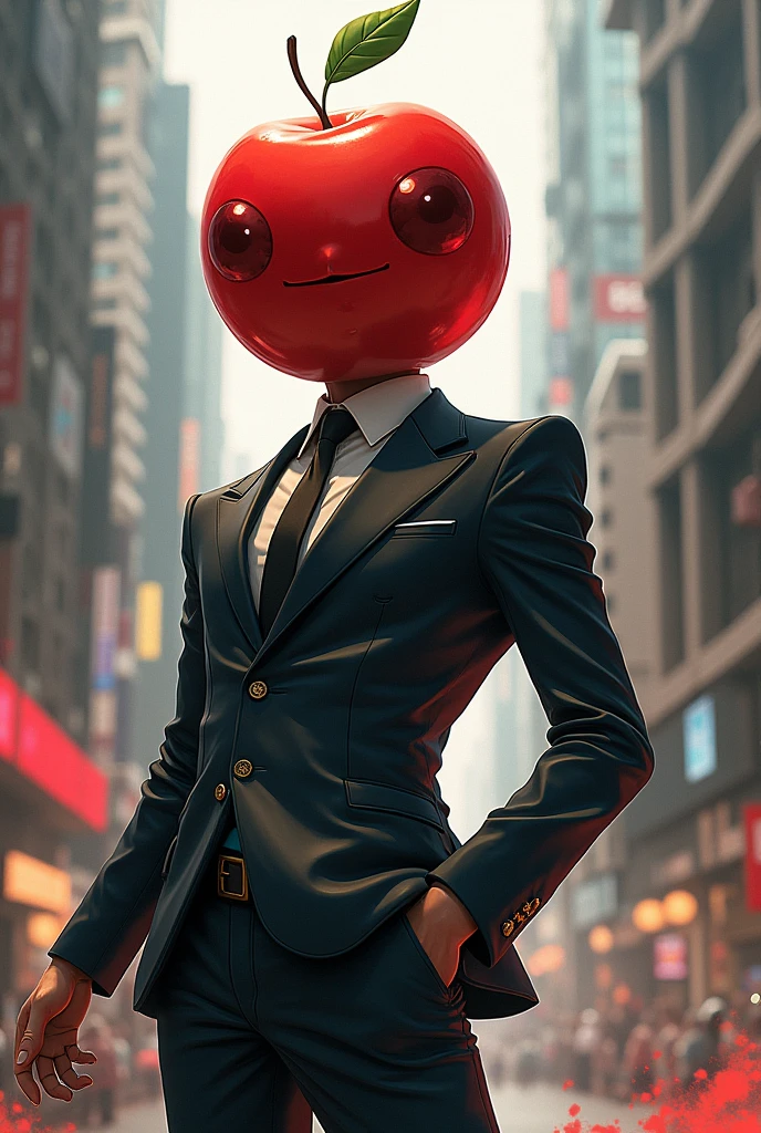 Anime action style character with an apple head and wearing a suit