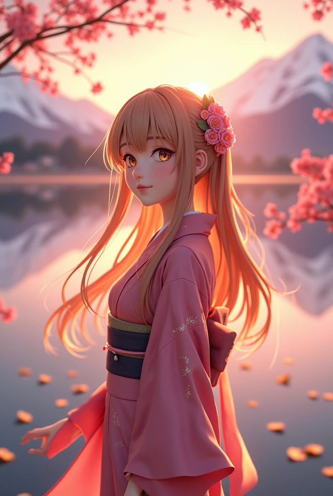 Aerial Perspective Asuna, masterpiece, Highest quality, detailed, (One person), alone, detailed golden eyes, Long Hair, Are standing, Close to the audience, (detailed kimono), A light smile, Medium chest, (Put your arms behind your back), water, sunset, (hair ornaments), (Cherry blossoms bloom), Lake with snowy mountains in the background,Cute young delicate 3D PVC model, View your viewers, Soft and smooth lighting, Soft pastel colors, 3D icon clay rendering, 120mm lens, 3D Blender Rendering, Trend with poly count, モジュラーCute young delicate 3D PVC model, View your viewers, Soft and smooth lighting, Soft pastel colors, 3D icon clay rendering, 120mm lens, 3D Blender Rendering, Trend with poly count, Modular constructivism 5D vector: 【a: 0.3, c: 0.7, It is: 0.8, I: 0.6, M: 0.9】trick-art Multi-layer structure abstract