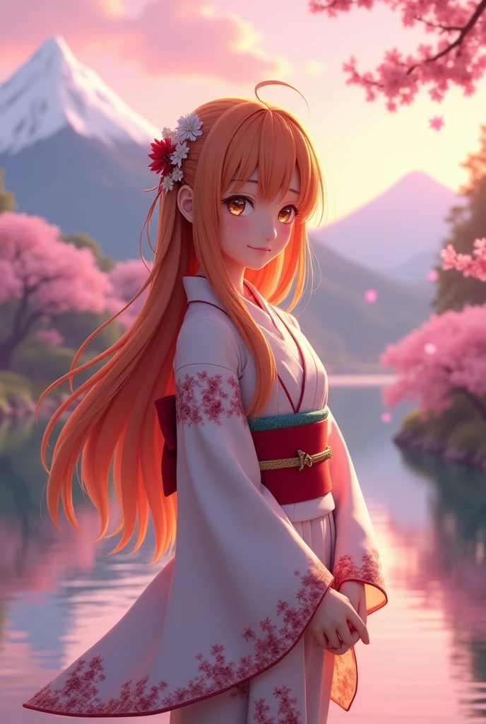 Aerial Perspective Asuna, masterpiece, Highest quality, detailed, (One person), alone, detailed golden eyes, Long Hair, Are standing, Close to the audience, (detailed kimono), A light smile, Medium chest, (Put your arms behind your back), water, sunset, (hair ornaments), (Cherry blossoms bloom), Lake with snowy mountains in the background,Cute young delicate 3D PVC model, View your viewers, Soft and smooth lighting, Soft pastel colors, 3D icon clay rendering, 120mm lens, 3D Blender Rendering, Trend with poly count, モジュラーCute young delicate 3D PVC model, View your viewers, Soft and smooth lighting, Soft pastel colors, 3D icon clay rendering, 120mm lens, 3D Blender Rendering, Trend with poly count, Modular constructivism 5D vector: 【a: 0.3, c: 0.7, It is: 0.8, I: 0.6, M: 0.9】trick-art Multi-layer structure abstract