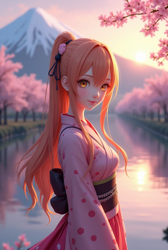 Aerial Perspective Asuna, masterpiece, Highest quality, detailed, (One person), alone, detailed golden eyes, Long Hair, Are standing, Close to the audience, (detailed kimono), A light smile, Medium chest, (Put your arms behind your back), water, sunset, (hair ornaments), (Cherry blossoms bloom), Lake with snowy mountains in the background,Cute young delicate 3D PVC model, View your viewers, Soft and smooth lighting, Soft pastel colors, 3D icon clay rendering, 120mm lens, 3D Blender Rendering, Trend with poly count, モジュラーCute young delicate 3D PVC model, View your viewers, Soft and smooth lighting, Soft pastel colors, 3D icon clay rendering, 120mm lens, 3D Blender Rendering, Trend with poly count, Modular constructivism 5D vector: 【a: 0.3, c: 0.7, It is: 0.8, I: 0.6, M: 0.9】trick-art Multi-layer structure abstract