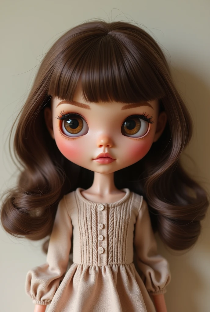 Make a blythe doll with brown hair, big fit ass, without bangs, curly at the ends. Com olhos big fit asss, dark brown and rounded, medium nose and striking eyebrows, Caucasian skin