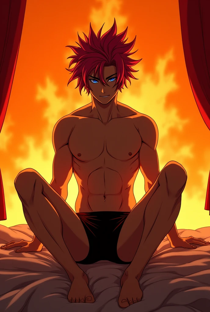 In a bold, high-contrast shot, a striking figure stands out against a fiery orange backdrop, his chiseled physique on full display as he confidently strikes a pose. No clothes and underwear accentuates his rugged build, while vibrant locks tumble down his forehead, framing piercing blue eyes that sparkle with mischief. The dynamic energy and Kimetsu no Yaiba-inspired palette radiate from this captivating tableau, drawing the viewer in as the subject's gaze meets theirs. Open legs, lyed on a bed ,