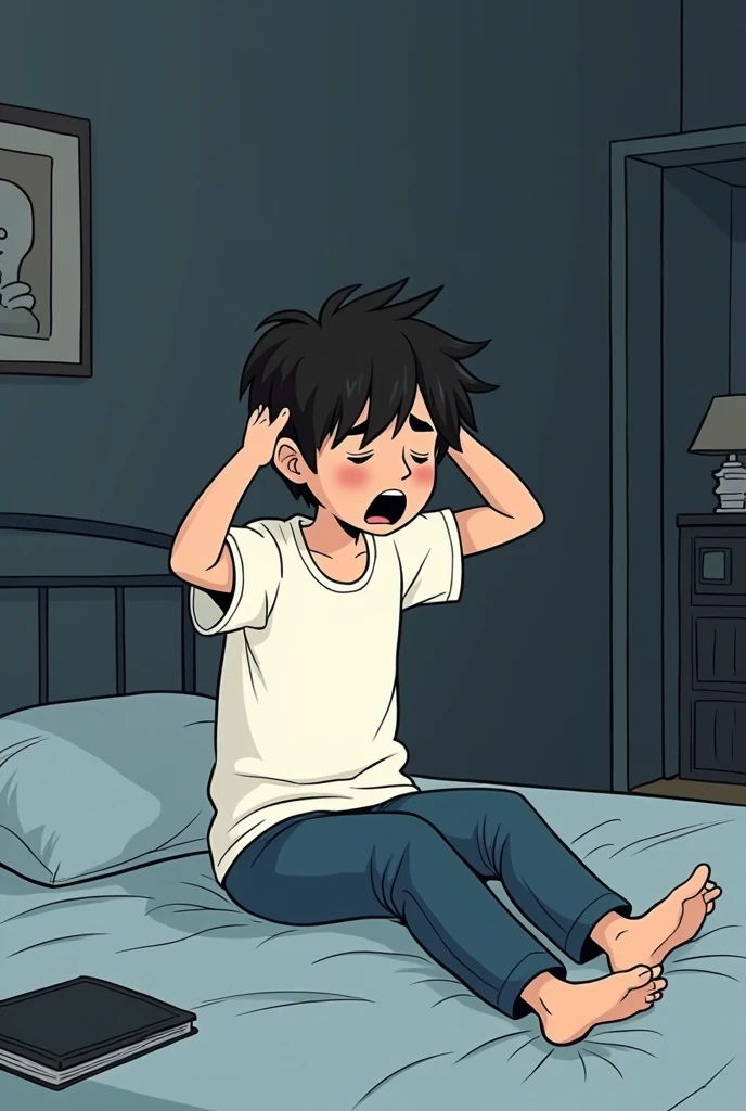 (minimalist cartoon drawing few colors almost black and white )(dark and sad air ) (young man messy hair )(white shirt blue pants)the young man is sitting on his bed in his room stretching yawning very sleepily  (the room is messy