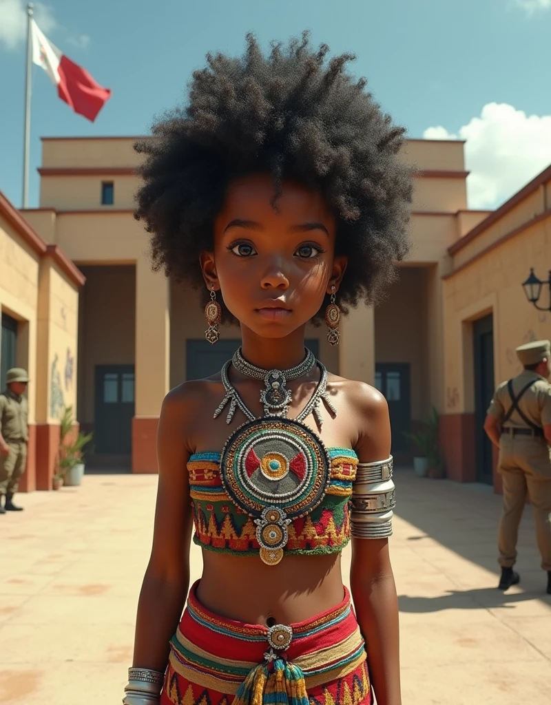style: Remi Realista Generates an Afro-Mexican girl with heterochromia (black eye black and the left one silver). His name is Miquitzin. Black hair with a subtle silver color that stands out in the sun and wind, curly to the ankles. light brown skin. Height 1.39 metro. slightly wide hips. slim build, subtly athletic flat physique. Shy and respectful expression. CLOTHES: A small poncho that covers him up to a little above his waist, It is handcrafted with blanket-type fabric. The entire outfit features intricate and colorful embroidery of Aztec symbols., Zapotecs and Mayans. Black high heel sandals. Silver bracelets on both arms and a white leather bracelet on the right ankle. Large necklace on the neck with the Aztec symbol Ollin combined with the Ehecatl symbol engraved on it, The symbols will be painted in black colors, red, blue and green. scenery: in front of a military building from the 1940s, The walls and columns are decorated with simple murals of Aztec culture., Mayan and Zapotec. On his right side, In the background you can see a hasta, The flag of Cuitláhuac is waving in it. Soldiers can be seen carrying out different activities. pose: Miquitzin is standing in front of the camera with her legs slightly apart, feet turning subtly inwards, hands on the sides. Extras: wide shot image, She has hair ornaments that simulate radars and radio antennas of an aircraft carrier., The atmosphere in the image should be relaxed and casual, largely representing the style of photographic shots during the Second World War.