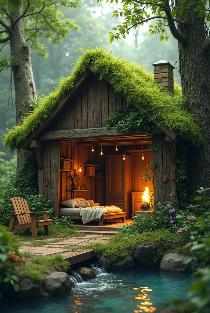 Create a realistic forest hideout image, camouflaging near the river. It should be a small open house, a roof covered with grass and leaves, wooden wall and vine with flowers. It should have a simple bed with twigs and a fluffy blanket., a wooden table with chairs , a small closet, hooks and nets on the wall and a small fireplace inside