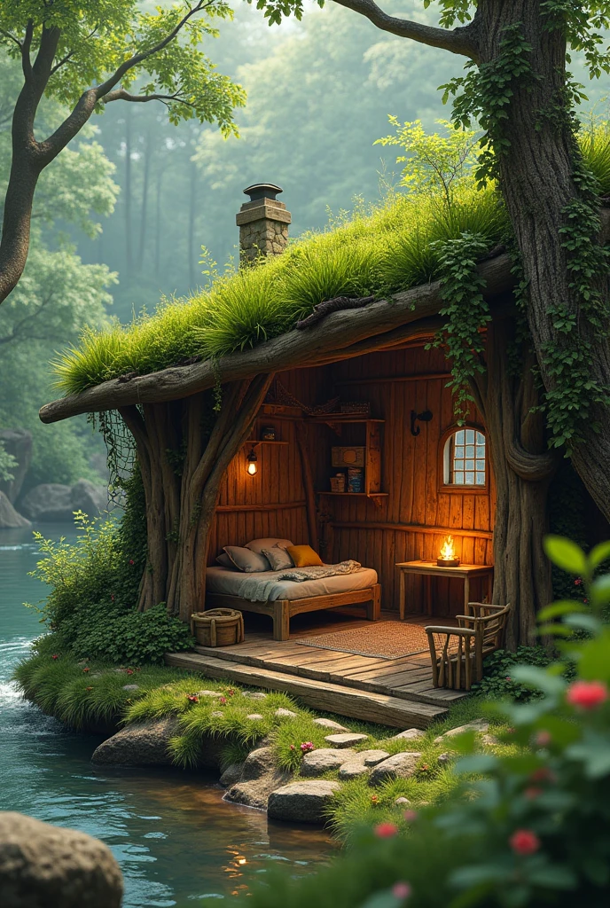 Create a realistic forest hideout image, camouflaging near the river. It should be a small open house, a roof covered with grass and leaves, wooden wall and vine with flowers. It should have a simple bed with twigs and a fluffy blanket., a wooden table with chairs , a small closet, hooks and nets on the wall and a small fireplace inside