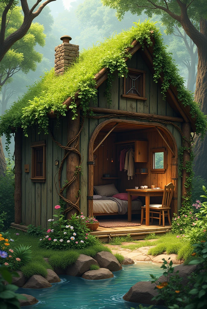 Create a realistic forest hideout image, camouflaging near the river. It should be a small open house, a roof covered with grass and leaves, wooden wall and vine with flowers. It should have a simple bed with twigs and a fluffy blanket., a wooden table with chairs , a small closet, hooks and nets on the wall and a small fireplace inside
