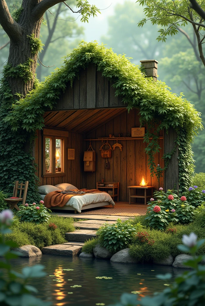 Create a realistic forest hideout image, camouflaging near the river. It should be a small open house, a roof covered with grass and leaves, wooden wall and vine with flowers. It should have a simple bed with twigs and a fluffy blanket., a wooden table with chairs , a small closet, hooks and nets on the wall and a small fireplace inside