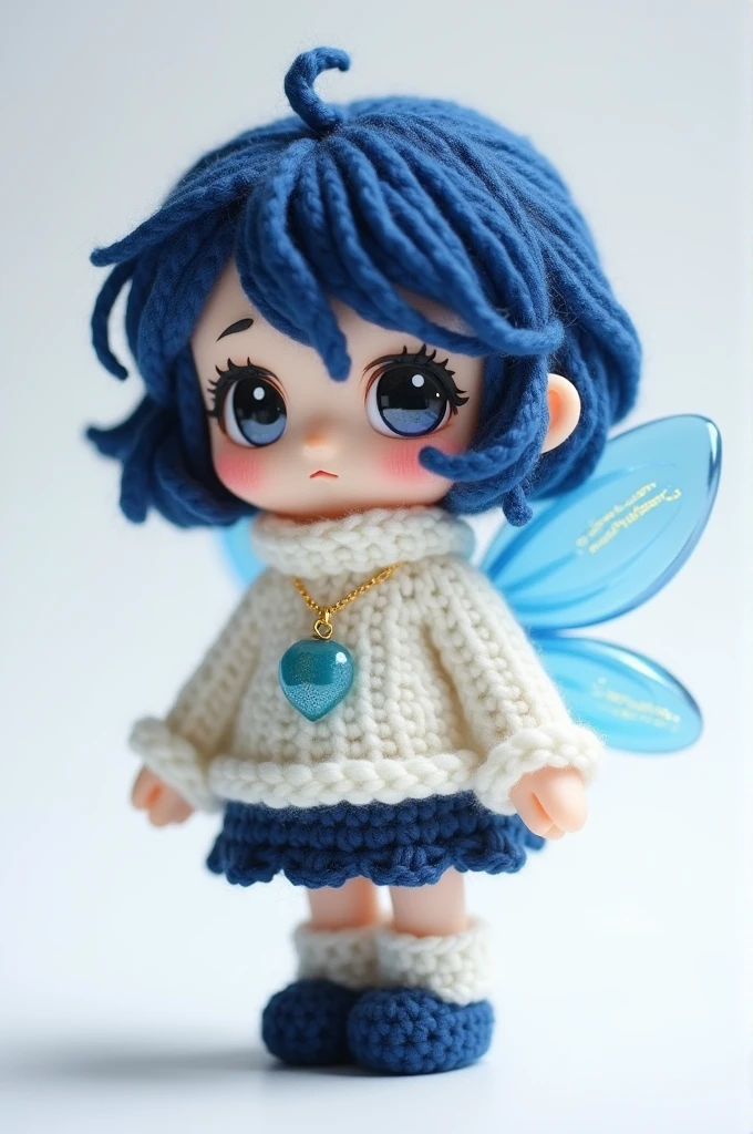 Amigurumi ,a chibi-style fairy version of Sadness, with deep blue hair styled in a short, wavy bob, wearing a cozy, oversized white sweater and a navy blue skirt. Her wings are translucent blue with a soft glow, and she carries a small tear-shaped charm. Her shoes are navy blue slippers, and she has a gentle, melancholy expression.