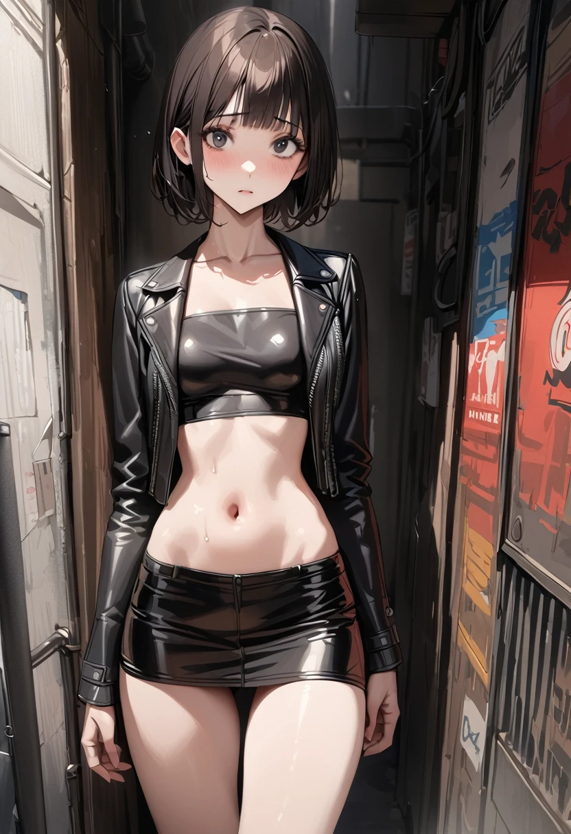 ((masterpiece,best quality anime,Highest quality:1.3)),realistic,cowboy shot,1woman,(30 year old beauty),((very small head:1.4)),((very long body:1.4)),(short bob hair),black hair,(gorgeous big eyes),black eyes,shy,((slender body:1.4,skinny:1.3)),medium breasts(Punk Fashion、Black leather rider jacket,navel、Black leather mini skirt),oily skin,gleaming skin,shiny skin,standing、Alley,New York City、