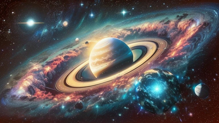 rendered image of a planet with a ring in the middle, planet Saturn, ringed planet, Saturn, in honor of Saturn, Saturn in the sky, ringed planet in the sky, big disc of planet, visiting Saturn, Saturn in the background, over looking Saturn, planet in space, big planet in the background, large planets in the background