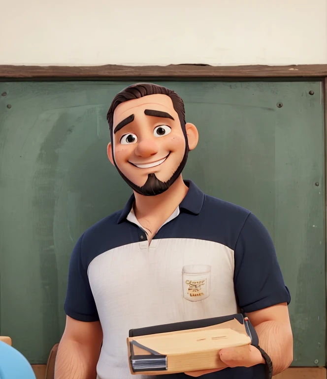 Man with a smiling beard, with short black hair and a little chubby. 