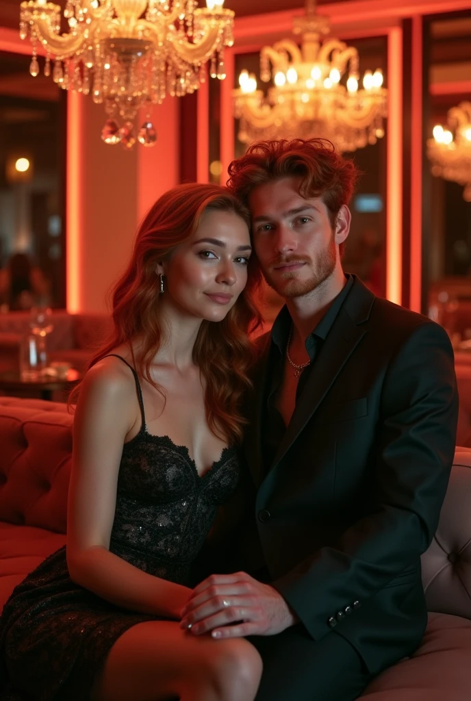 Redhead woman with her redhead boyfriend and she sitting on his lap in the background of a room with LED and luxury chandeliers with the words liam and snake written on it