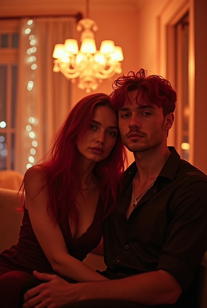 Redhead woman with her redhead boyfriend and she sitting on his lap in the background of a room with LED and luxury chandeliers with the words liam and snake written on it