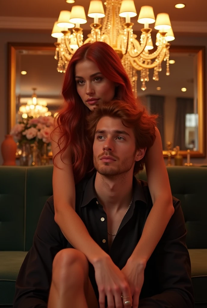 Redhead woman with her redhead boyfriend and she sitting on his lap in the background of a room with LED and luxury chandeliers with the words liam and snake written on it