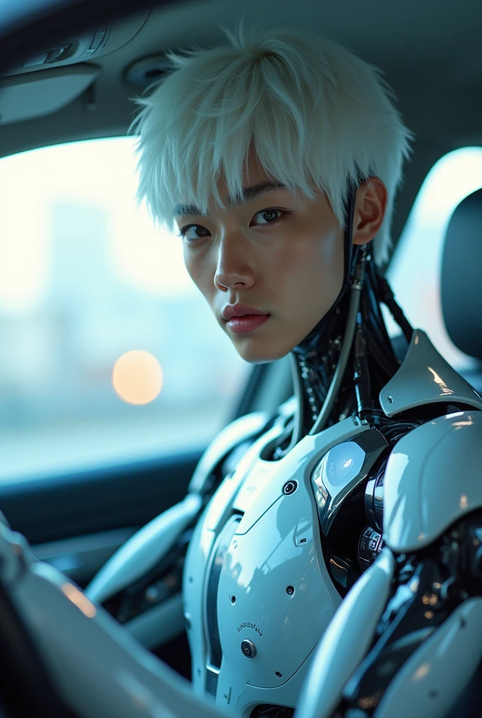 Make a cover,一个日本“機械人male”在坐在車內駕駛座位上手握著方向盤並正面看向鏡頭,best quality, 1080P, masterpiece, Ultra-high resolution, Reality, 超Reality主义, Realistic skin texture, Ultimate skin detail, Digital SLR Camera, Exquisite eyes, Facing the camera, Very beautiful face, Simple facial structure, Pale skin, Realistic skin texture, Ultimate skin detail, oc render reflection texture, Realistic light and shadow, Single image, solitary, White hair, fit、balance., 2, Height 175cm, male, 拥有机械身体的male, Transparent futuristic chrysanthemum and blue glass mecha suit, Circuit stuck in the middle of the back., Perfect robotic arm,正面Facing the camera,Facing the camera,Half-length photo, Half-length photo