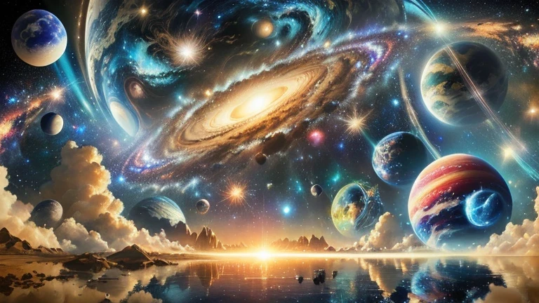 a close-up of a painting of planets and a galaxy, epic beautiful space scifi, galaxy space sci-fi, universe in the sky, surreal space, fantasy space, beautiful space, huge universe, galactic landscape, planets and galaxies, creation of the universe, fantastic space, highly detailed digital art in 4k, in the universe.highly realistic, significado da vida in the universe