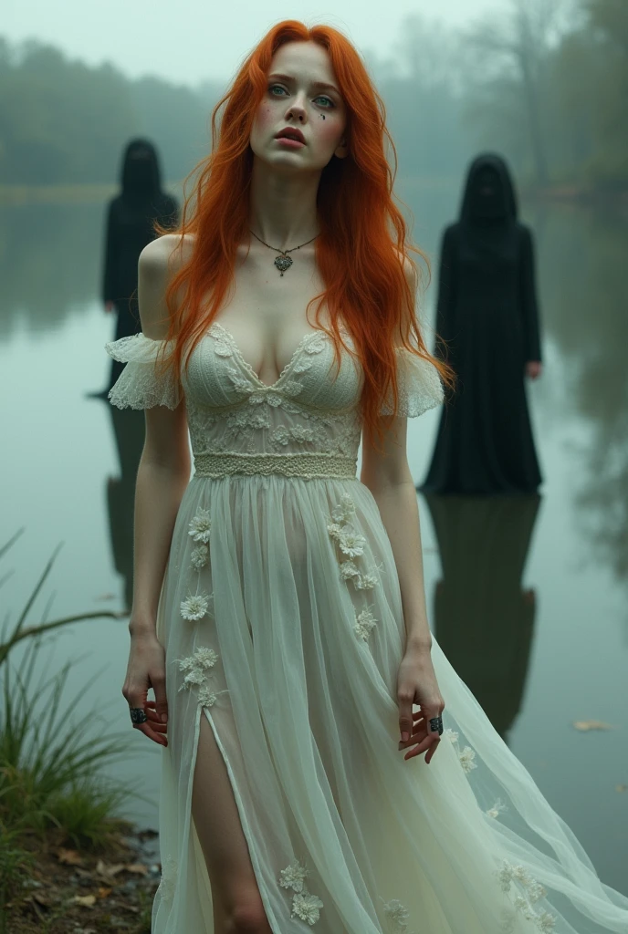 pale skin girl, green eyes and knee-length copper red hair with big breasts in a lake wearing a long white floral dress with a leg slit, with two black souls behind her, and with hands stained in black up to the elbows and with head tilted back looking at the sky crying blood, all in the style of the vampire diaries 
