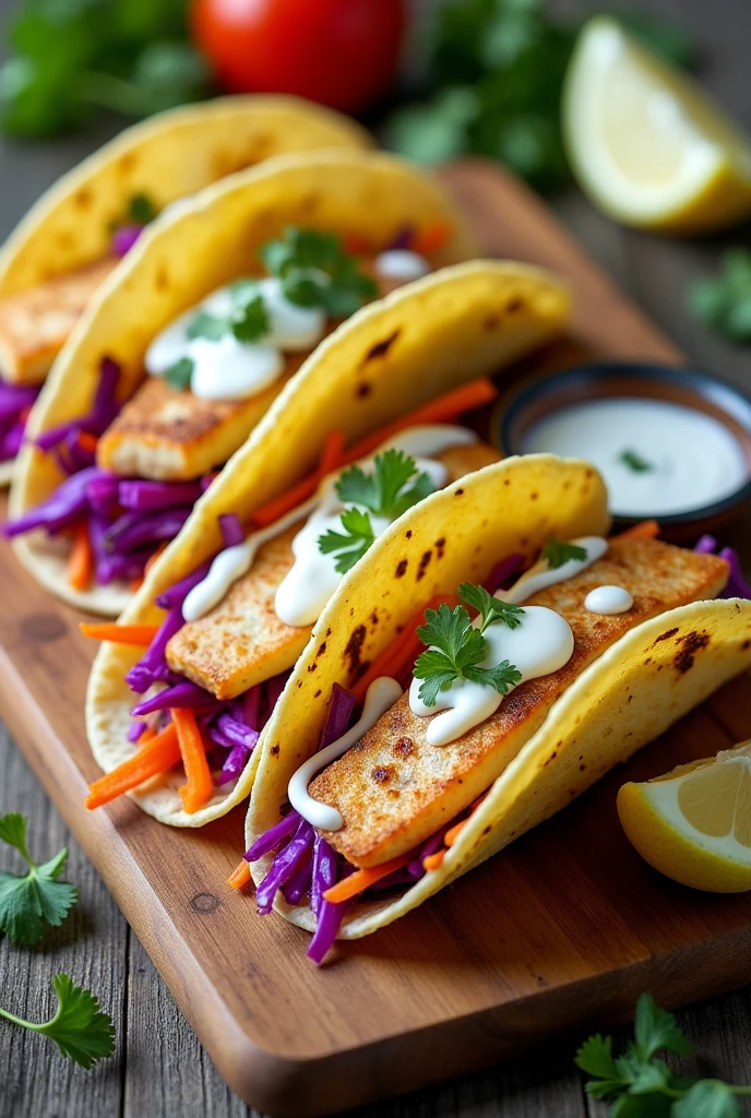 Create an image of this recipe: Fish Tacos with Yogurt Sauce Ingredients:
- White fish fillets: 200 g - Corn tortillas: 4 units - Purple cabbage: 100 g - Carrot: 50 g - Natural yogurt: 50 g - Lemon: 1 unit - Fresh cilantro: 10 g - Cumin powder: 5 g - Olive oil: 15 ml
- Sal: 5 g - Pepper: 2 g Preparation:
1. Season the fish fillets with salt, pepper and cumin powder.
2. In a frying pan, Heat the olive oil and cook the fish for 3-4 minutes on each side, until golden and cooked.
3. Meanwhile, ralla el repollo y la carrot. Chop the fresh cilantro.
4. In a small bowl, Mix the natural yogurt with the lemon juice and a pinch of salt.
5. Heat the corn tortillas in a pan or in the microwave.
6. Place a fish fillet on each tortilla, add the cabbage, carrot, cilantro and a little of the yogurt sauce.
7. Serve the tacos immediately..