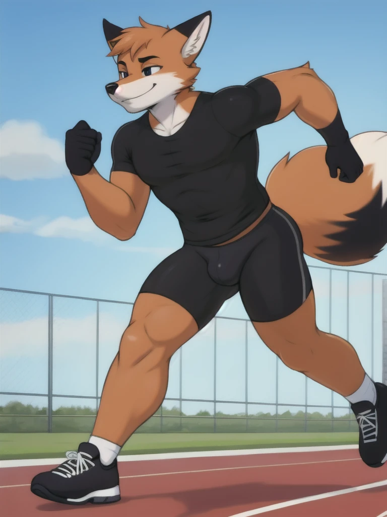 Furry, fox, male, black shirt, black spandex bike shorts, shoes, running track, solo, full body