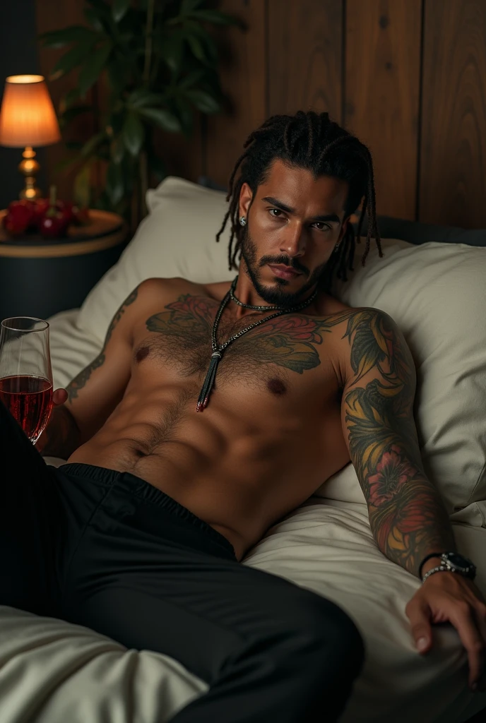 young 2 sexy Rudo gangster with black hair shaved on the sides with braids brown eyes thick lips athletic body masculine energy and sexy defined chin trimmed beard colored tattoo marked biceps wears black colored man Muslim style lying on a bed naked and with a glass of wine in his hand