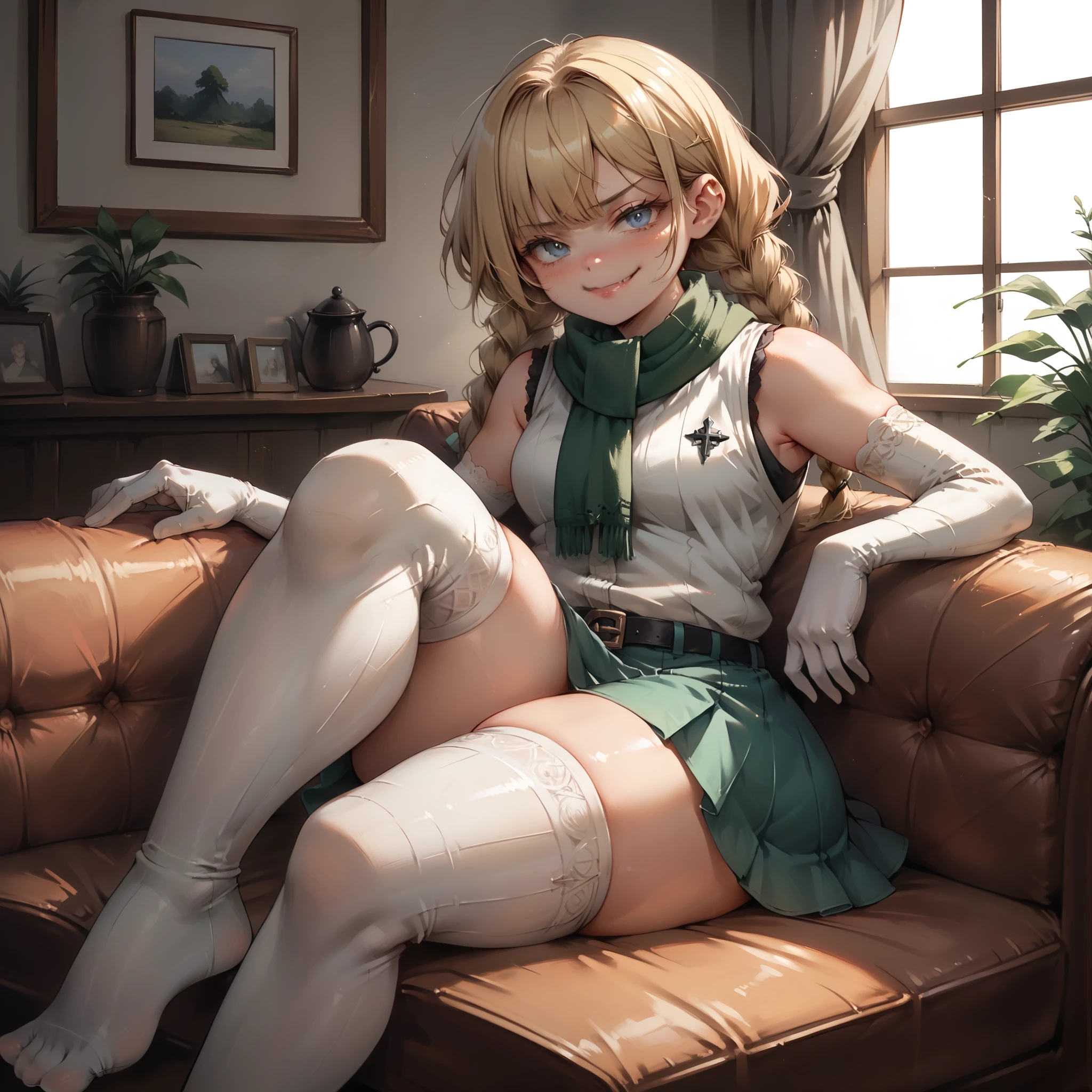 (1girl), 1 girl reclining on couch, ((smug expression)) (add_detail:1), lush hair, 1girl, blonde braids, (green neck scarf, white vest, green skirt, white elbow gloves, white thigh high socks,) blue eyes, , dramatic lighting, shadmanv1, fat thighs, detailed skin texture, volumetric lighting, crossed legs,