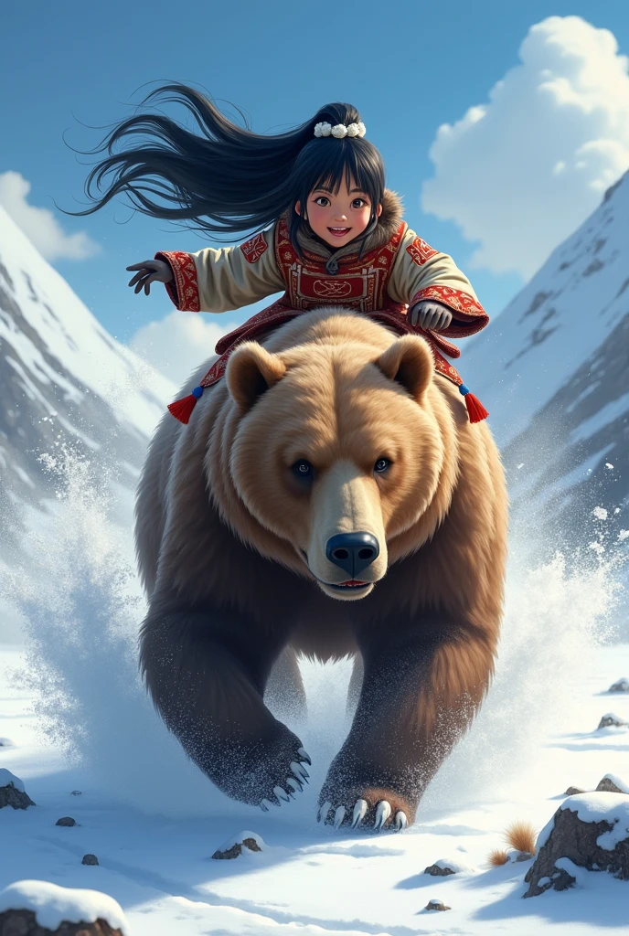 Girl\(long black hair, Ainu folk costume, smiling\) sitting on a big brown bear running at high speed through nature\(snowy mountains\) of Hokkaido,dynamic camera angle, Powerful composition, concentrated lines, Scattered snow,great landscape